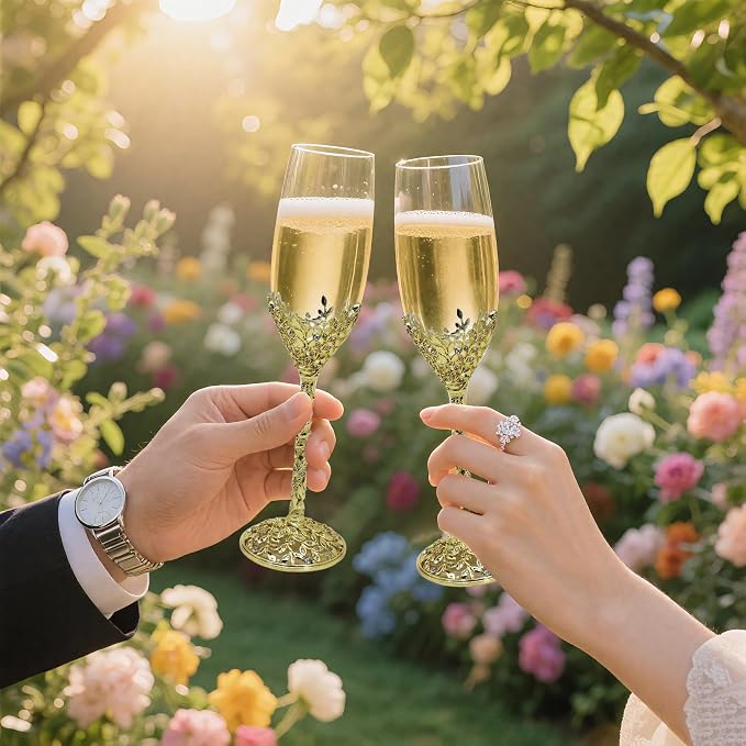 Gold Champagne Flutes -His and Hers,Wedding Toasting Glasses for Wedding,Engagement Celebrations, Bridal Shower and Registry Idea,Wine Glasses for Bride and Groom Gifts,7oz (Light Glod)