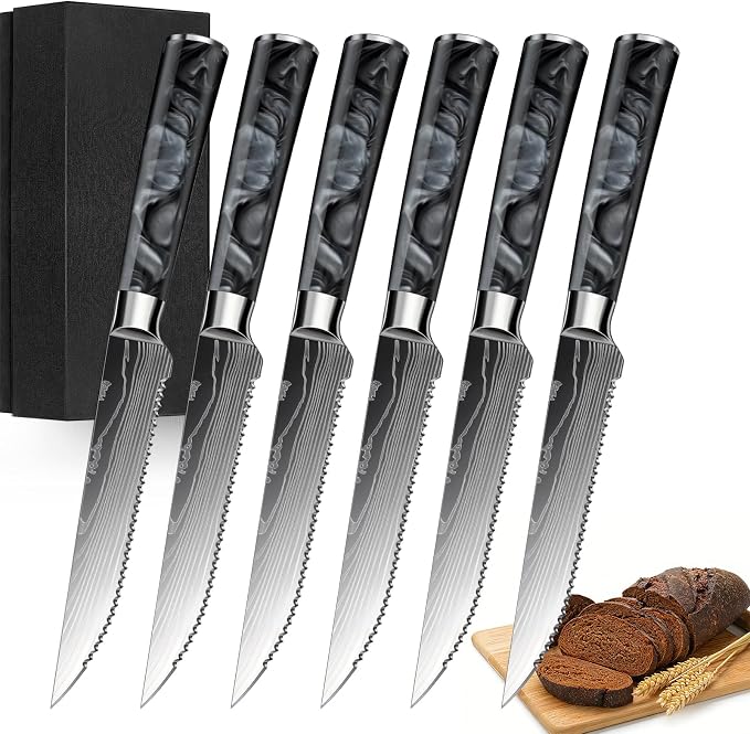 6-Piece Premium Japanese Kitchen Knife Set - Star Collection, Laser Damascus Pattern, 440A Stainless Steel Ultra Sharp for Fast Cutting (Black 6SK)