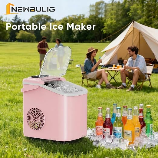 NEWBULIG Ice Maker, Countertop Ice Machine with Handle | 9 Bullet Cubes in 6-8 Mins, 26lbs Daily, Self-Cleaning with Basket and Scoop for Home/Kitchen/Camping/RV