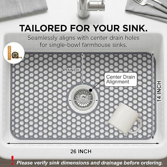 Silicone Sink Protectors for Kitchen - Non-Slip Heat Resistant Grid Mat for Farmhouse Porcelain Stainless Steel, Protects & Cushions Your Sink(Gray 1PCS, 26"x14" Center Drain)