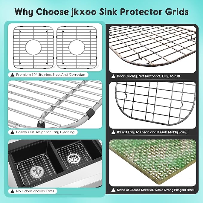 2Pack Sink Protectors for Kitchen Sink 13" x 11-5/8", 304 Stainless Steel for Kitchen Sink Grate With Center Drain, Sink Grate Sink Rack for Bottom of Sink with 2Pack Sink Strainers