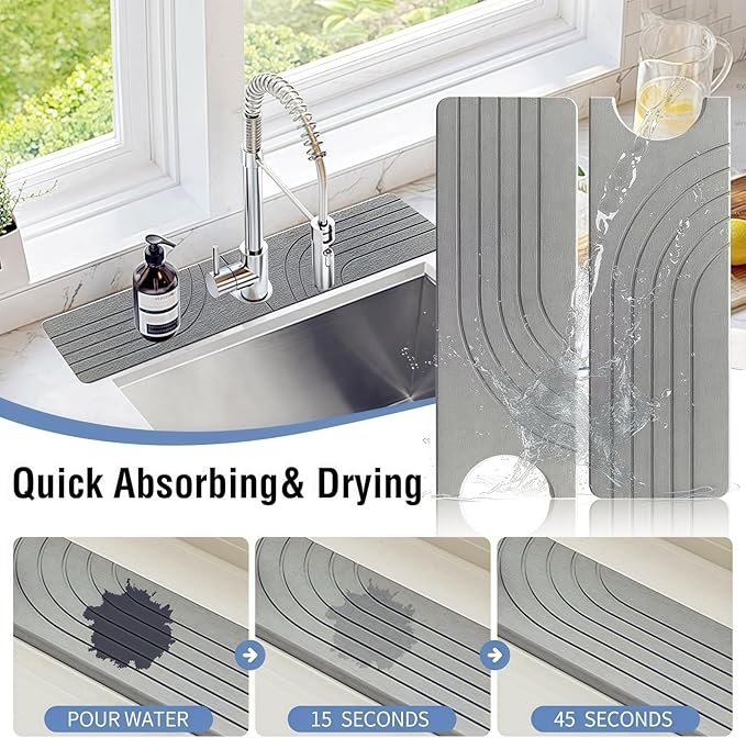 Faucet Mat for Kitchen Sink, 23.6" x 3.9" Diatomaceous Earth Water-Absorbing Stone Tray,Fast Drying, Splash Guard for Kitchen and Bathroom Countertops