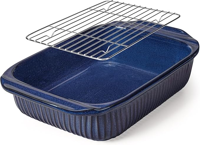 Artena Baking Dish 5.1 Quarts, Casserole Dishes For Oven, Baking Pan With Handles, Lasagna Pan Deep, Large Casserole Dish, Rectangular Ceramic Bakeware (Blue, With Rack)