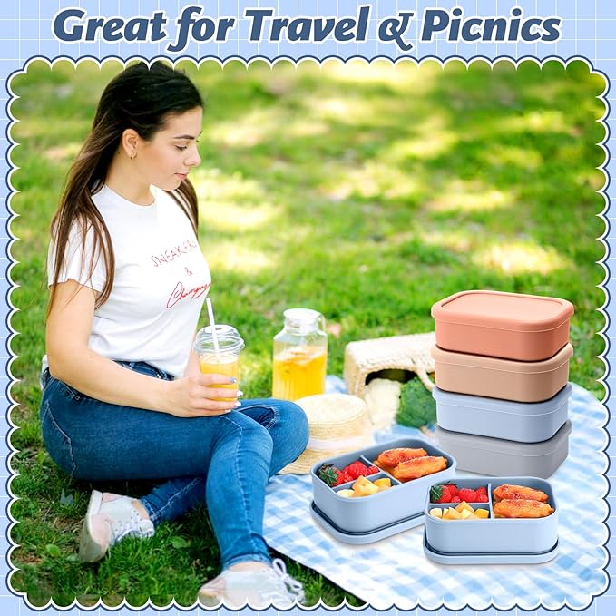 Honeydak 4 Pcs Silicone Bento Box for Adults, 3 Compartment Lunchable Food Container for Women Men, Leak Proof Microwave Dishwasher Freezer Safe (Grey,Blue,Khaki,Orange)