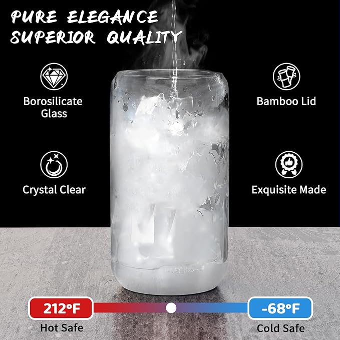 16 Pcs Glass Cups with Bamboo Lids and Straws - 16oz Glass Tumbler, Iced Coffee Cup, Can Shaped Drinking Glasses for Coffee, Tea, Smoothie, Juice, Cocktail Include Cleaning Brushes & Boxes