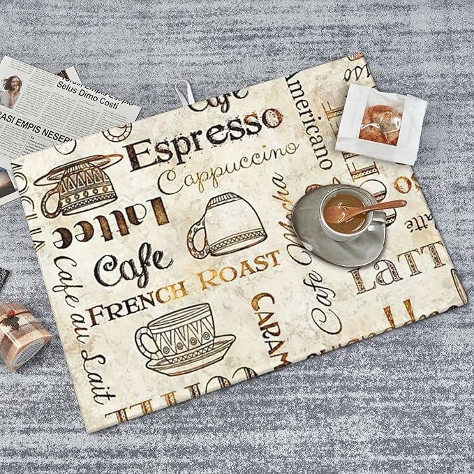 2Pcs Dish Drying Mats Faucet Mats Sets Large Size Coffee Mats Sink Faucet Mat Splash Guard for Kitchen Counter Bathroom Sink Coffee Bar Kitchen Decor (Retro Coffee, 18"x24" 15" x 5.5"Set)