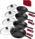 Cuisinel 6"+8"+10+12"-Inch Cast Iron Skillets Set + Glass Lids + Silicone Handle Grips - Pre-Seasoned Frying Pan - Oven Cookware - Use Indoor/Outdoor, Grill, Stovetop, Fire, Camping, Kitchen