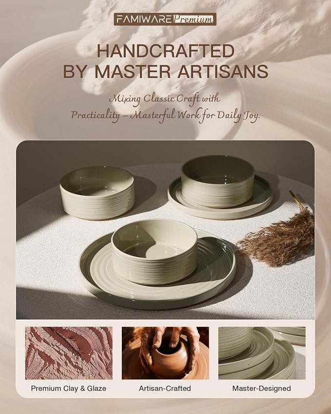 Stoneware Dinnerware Sets for 8, 24-Piece High Edge Plates and Bowls with Speckled Glaze & Spiral Design - Chip & Scratch Resistant, Microwave & Dishwasher Safe - Gift Box, Honey