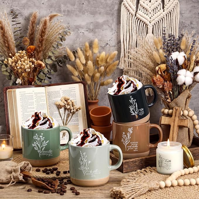 LemonRoad 12 Pcs Christian Gifts for Women Inspirational Large Handle Bag Ceramic Coffee Mug Religious Scented Candle Boho Flower Bible Design Religious Gift for Sister Church Party Friend