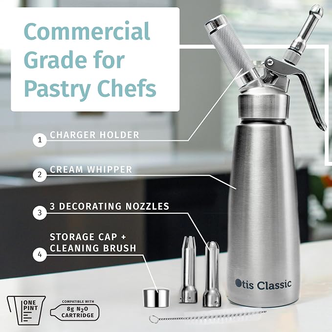 Otis Classic 304 Stainless Steel Whipped Cream Dispenser, 500ml w/ 3 Decorating Nozzles - Commercial Grade Quality Made of Food Grade Stainless Steel - Easy to Use and Clean Ideal for Desserts for Home Chef