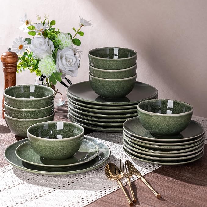 AmorArc Ceramic Dinnerware Sets for 6, 18 Pieces Handpainted Plates and Bowls Set, Scratch Resistant Stoneware Dishes Set, Dishwasher & Microwave Safe, Jade Green