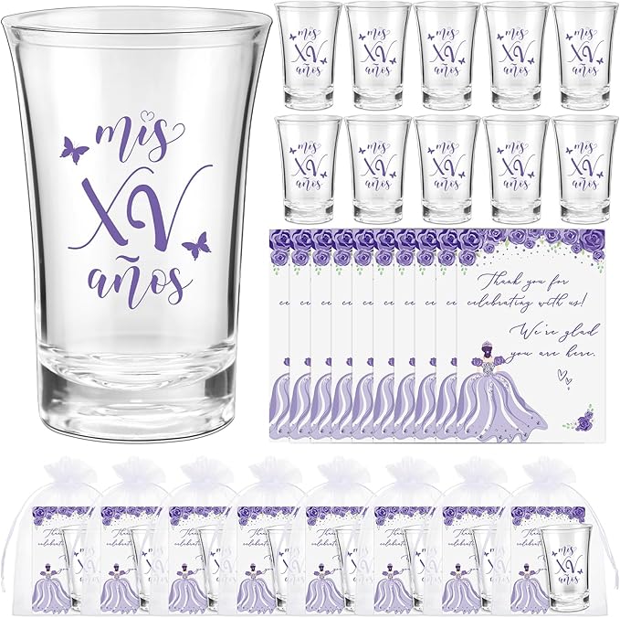Havawish 25 Sets Quinceanera Party Favors for Guests Quinceanera Acrylic Clear Personalized Shot Glasses Thank You Cards with Organza Bags Mis Xv Años Sweet 15 Birthday Party Favors (Purple)