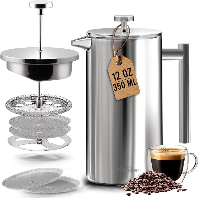 Utopia Kitchen 304 Grade Stainless Steel French Press Coffee Maker 12 Oz, Double Wall Insulated Coffee Press with 4-Level Filtration system, Include 2 Extra Filters, Rust-Free, Dishwasher Safe, Silver