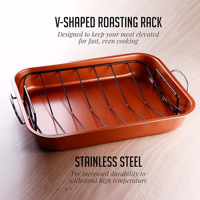 OVENTE Stainless Steel Roasting Pan with V-Shape Rack and Carving Set, 15x11.75 Inch Nonstick Roaster Tray, Oven & Dishwasher Safe Bakeware Dish for Turkey, Roasted Chicken or Beef, Copper CWR24619CO