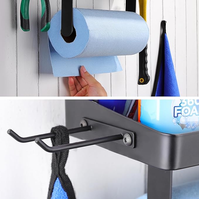 YIGII Garage Paper Towel Holder with Shelf, Wall-Mount Heavy Duty Paper Towel Rack with 4 Hooks, One-Hand Tear Tissue Holder for Workbench, Craft Room & Clean Station, Black