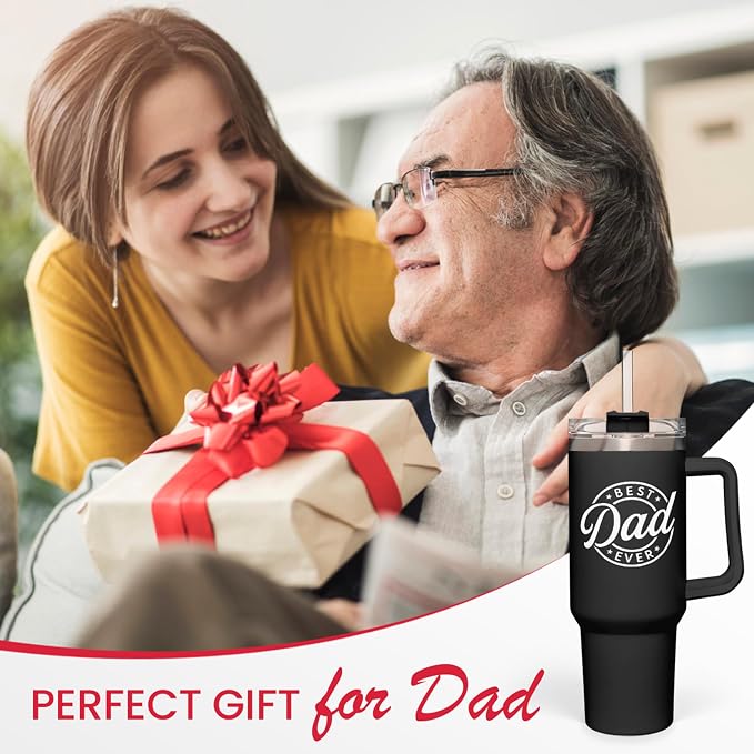 SANDJEST Best Dad Ever Tumbler with Handle - 40oz Stainless Steel Insulated Coffee Cup - Gift Set with Lid & Straw for Father’s Day, Birthday, Christmas