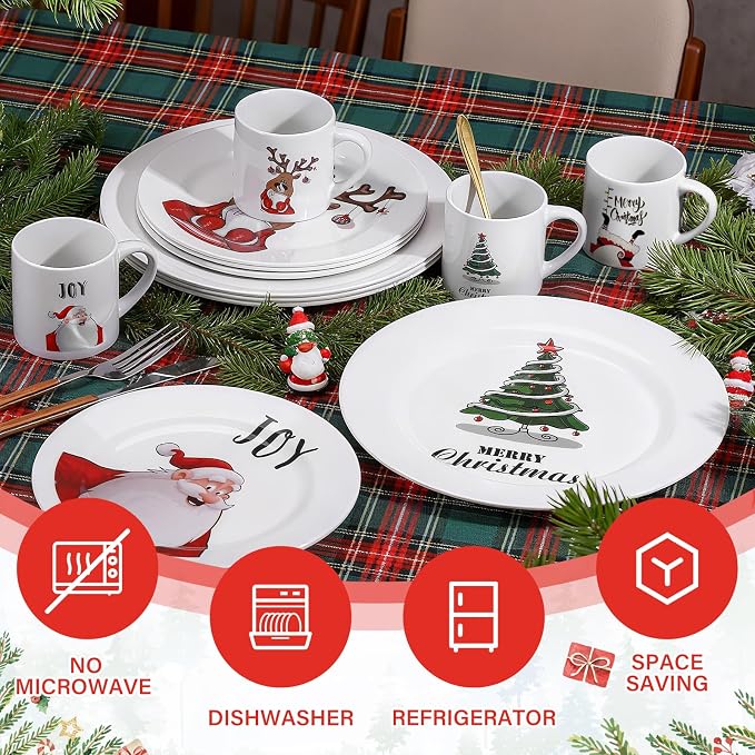 12 Piece Christmas Melamine Dinnerware Set for 4 Guest, 10" Dinner Plates, 8" Salad Plates, 9 oz Mug Shatterproof Xmas Dishes Gift for Home Party Festive Holiday Celebrations