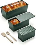 CARTMAN 3-Piece Pullman Loaf Pan with Lid Set – Non-Stick Carbon Steel Bread Pan with Bottom Vents – Includes Large (12"), Medium (8") & Mini (7") Sizes plus Silicone Tools – Sage Green