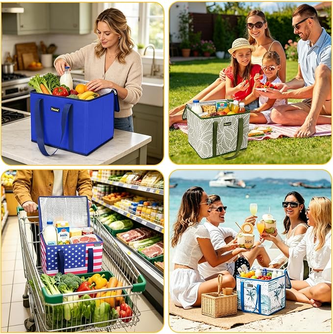 BALEINE 1Pk Insulated Reusable Grocery Bags, Foldable Shopping Bags for Groceries with Reinforced Bottom & Handles (Island Breeze)