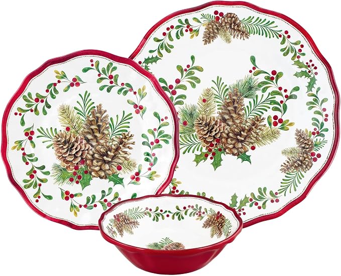 UPware 12 Piece Pinecones Melamine Dinnerware Sets, Outdoor Dishes Set, Plates and Bowls Sets, Christmas Decorations, Service for 4, Red