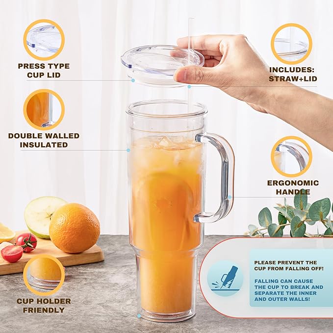 MEWAY 40 oz Acrylic Tumbler with Handle and Straw Lid，Double Wall Vacuum Reusable plastic Water Bottle Travel Mug Cup，Classic Tumblers Cupholder Friendly (4 Pack)