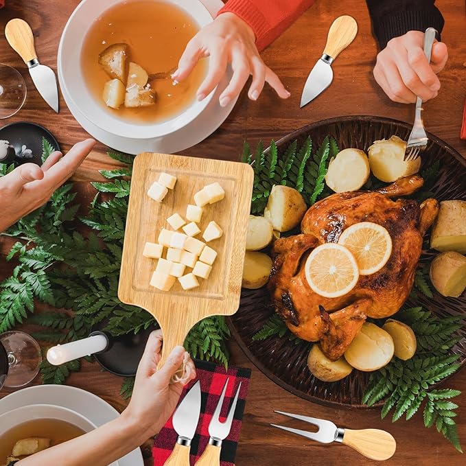 6 Set Christmas Cutting Board Gift Bulk Wooden Cheese Charcuterie Board Gift Set with Knives Forks Red Berry Towels Gift Bags Kitchen Housewarming Gifts for Neighbor Guest Xmas Holiday Party Decor
