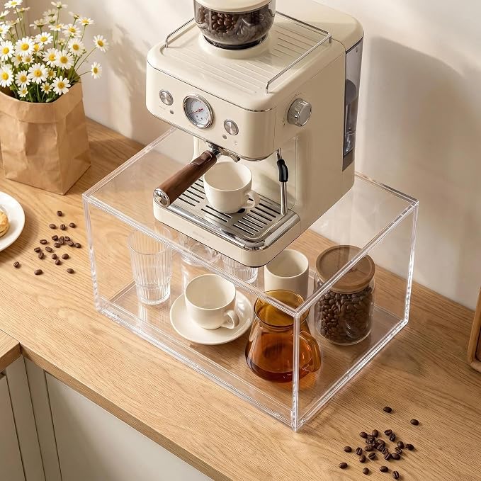 Clear Acrylic Coffee Bar Drawer, Countertop Espresso Machine Stand with Storage, Kitchen Organizers and Accessories for Cups, Mugs, Pods (14" x 8.1" x 8.1")