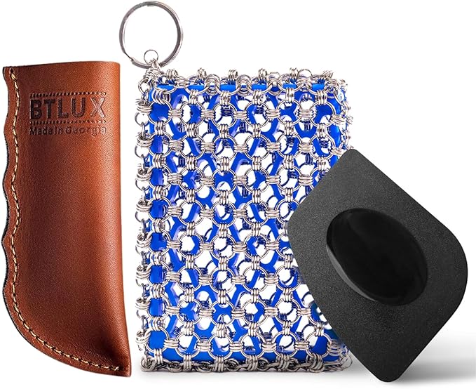 Cast Iron Care Bundle: 316 Stainless Steel 𝐓𝐫𝐢𝐩𝐥𝐞 𝐑𝐢𝐧𝐠 𝐂𝐡𝐚𝐢𝐧𝐦𝐚𝐢𝐥 Scrubber (Blue) & Extra Thick Leather Handle Cover (𝐌𝐚𝐝𝐞 𝐢𝐧 𝐆𝐞𝐨𝐫𝐠𝐢𝐚) – Perfect for Pan