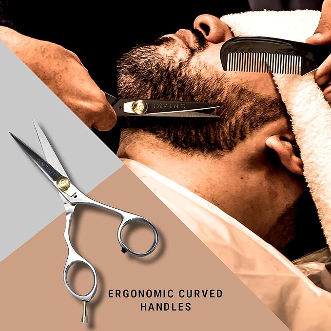 Ontaki Japanese Mustache & Beard Scissors - 5.5" 420C Steel Left Hand - Ergonomic Bent-Handle Hair Shears for Precision - Pro-Grade Blades for Barber Scissors - Beard Trimming Kit with Comb & Pouch