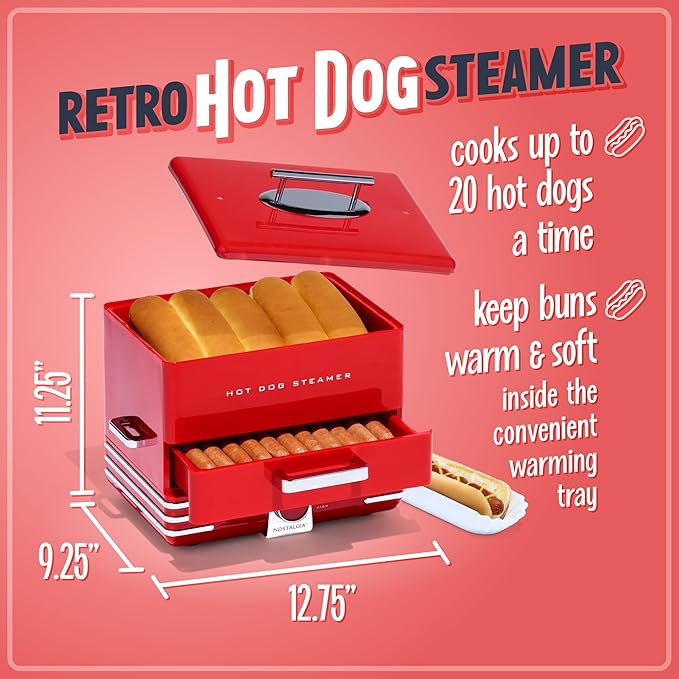 Nostalgia Extra Large Diner-Style Steamer Cooks 20 Hot Dogs & 6 Buns- Hot Dog Steamer for Breakfast Sausages, Brats, Vegetables & Fish- Bun Warmer Steamer Perfect for Game Days or Parties- Red