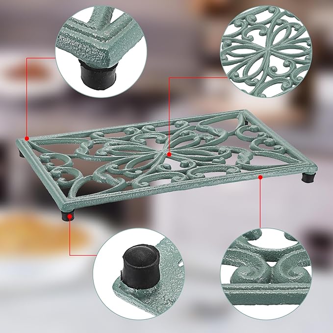 Sumnacon Cast Iron Trivet 2 Pack Rectangle Iron Trivets for Hot Dishes Pots Pans Plates Teapots,10x 6 Inch Metal Trivets for Kitchen Dining Table Cooktop Heat Resistant Trivet with Rubber Feet,Green