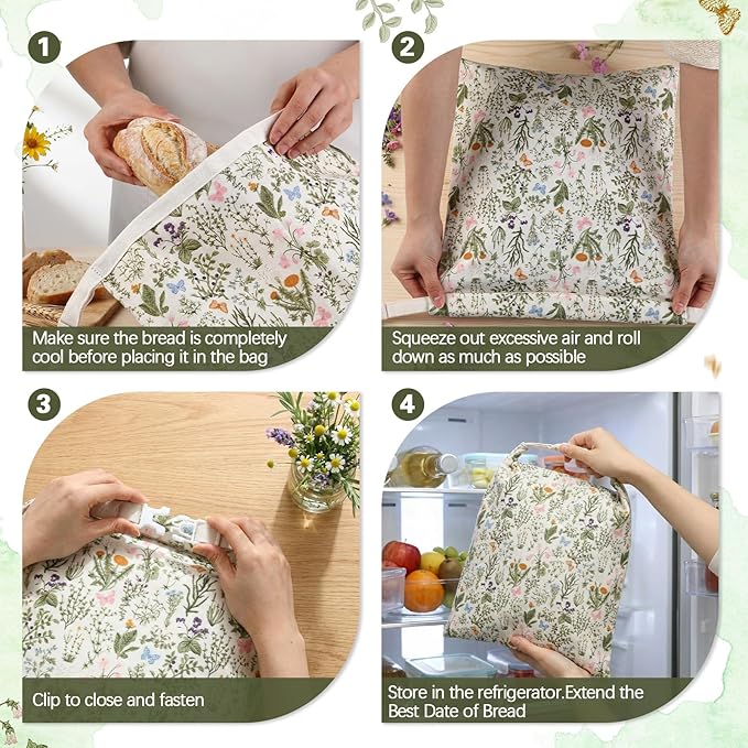 Reusable Beeswax Bread Bags for Homemade Bread Sourdough (2 Pcs 13x17in Bags + 10in Bowl Cover) Floral Cotton 100% Natural Beeswax Coating, Plastic-free Food Storage Wrap(Flower Butterfly)