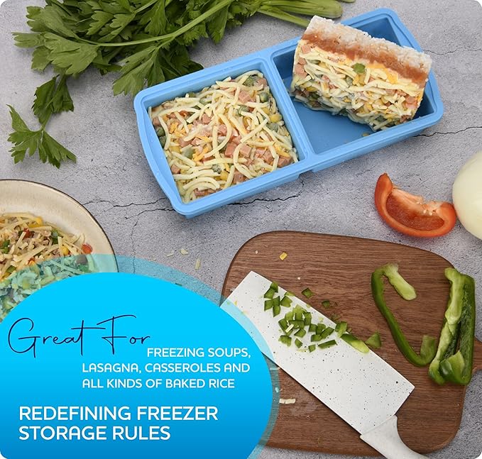 ZIP STANDING Silicone Food Storage Bag And 2 cup Silicone Freezer Trays With Lid, Soup Freezer Container,Large Ice Cube Molds With Reinforced Steel Ring Top Perfect for Freezing Soups, Lasagnas, Casse