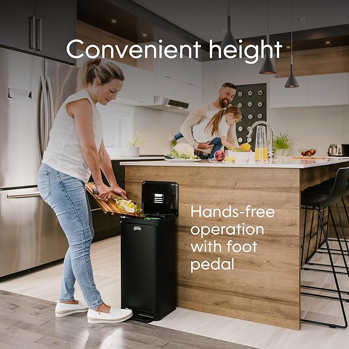 Kitchen Compost Bin, Black Stainless-Steel Large, 3.6 Gallon, Indoor Odorless Composting, Hands-Free, Washable Parts, Includes 8 Tear-Off Compostable Bags and 1 Carbon Filter