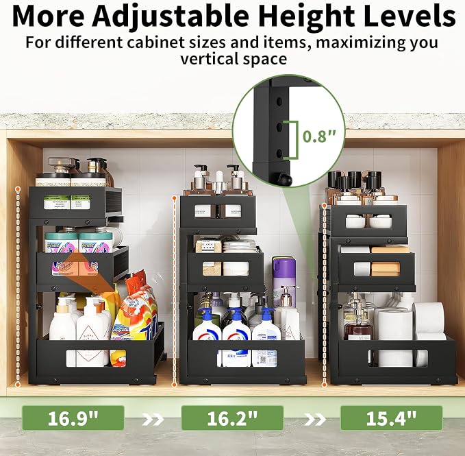 3-Tier Under Sink Organizer,2 Pack Height Adjustable Pull Out Cabinet Organizer Shelf, Thickened Metal Slide out Storage Drawer Rack for Bathroom Laundry Room Kitchen Pantry Organization (Black)