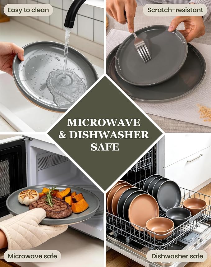 OTAGO 16-Piece Gray Stoneware Dinnerware Set for 4 with Mugs, Plates and Bowls Sets with Partially Unglazed Base, Scratch Resistant Ceramic Dish Set, Microwave & Dishwasher Safe for Kitchen