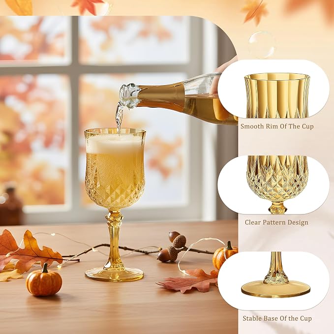 7OZ Plastic Wine Glasses, Reusable Vintage Goblets Unbreakable Drinking Glasses Crystal Water Cups Champagne for Wedding, Parties (48, Gold)