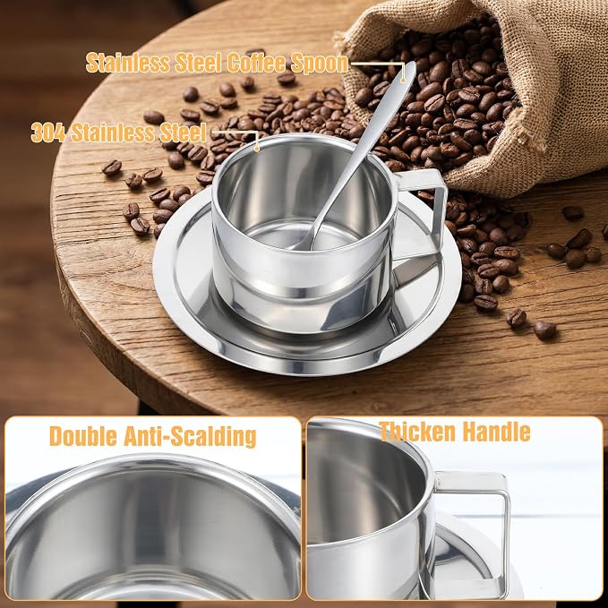 4 Pack Stainless Steel Coffee Mug Set, 6.8 Oz Espresso Cup with Saucer and Spoon, Double Walled Insulated Stainless Steel Coffee Cup for Latte, Cappuccino, Milk, Tea, Silver