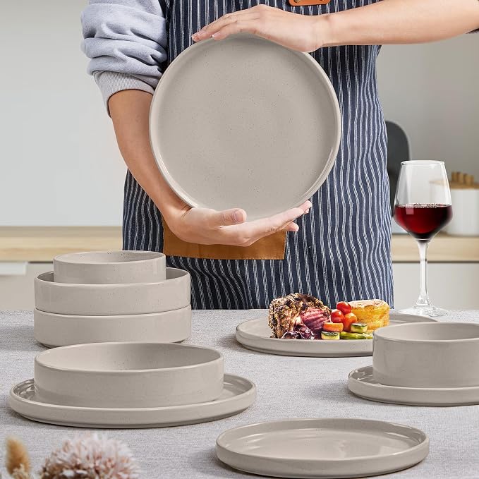 Herogo 24 Piece Plates and Bowls Set, Ceramic Dinnerware Sets with Pasta Bowls, Kitchen Dinner Ware Dishes Service for 6, Chip & Scratch Resistant Dishware, Speckled Coffee Brown