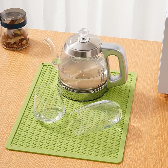 Silicone Drying Mat & Heat Resistant Mat for Kitchen Counter, Non-Slip Dishwasher Safe, Raised Edge for Dishes Bottles Sink (25.5x17.7in, Green)