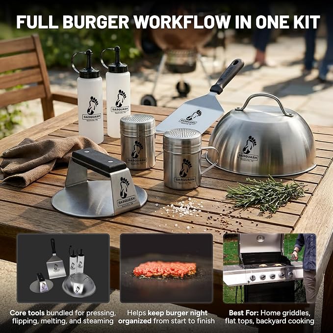 Sasquash Burger Press Kit, 5 Piece Smash Burger Set, Smash Burger Press, Spatula, Melting Dome and 2 Squirt Bottles for Griddle and Grill, Stainless Steel, Kitchen Gadgets, Grilling Accessories