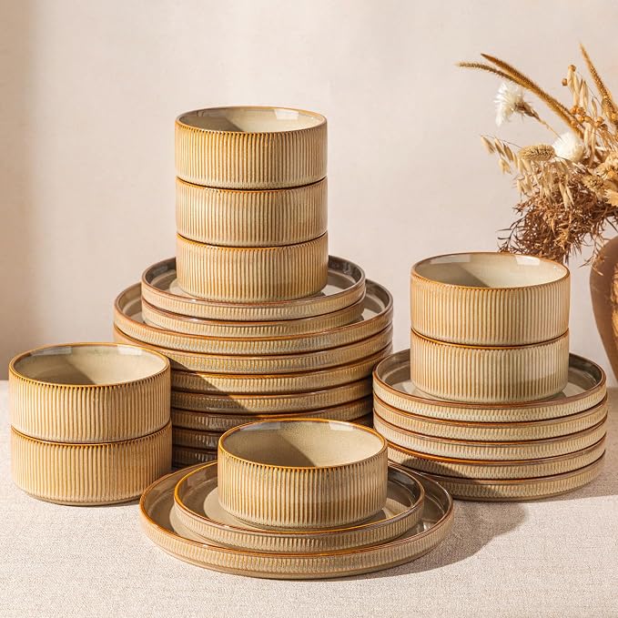 GBHOME 18-Piece Stoneware Dinnerware Set for 6 – Ribbed Ceramic Plates and Bowls, Scratch-Resistant, Microwave & Dishwasher Safe, Reactive Glaze, Barley Latte