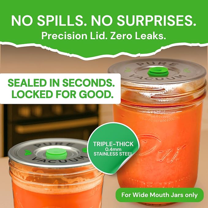 PURE MVP Premium Wide Mouth Mason Jar Vacuum Lids | Triple Thick Stainless Steel | Perfect for Juice, Smoothies to Extend Freshness 8x | Easy-Release Valve w/Leak Detection for Fermentation