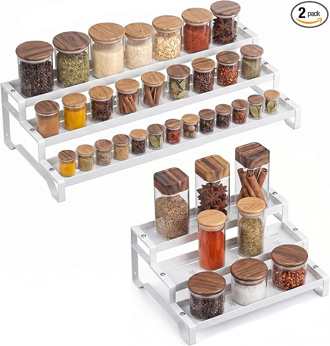 3-Tier Spice Rack Organizer 2 Pack, 13"-21.5" Expandable Spice Organization Shelf, Metal Seasoning Organizer for Kitchen Countertop or Pantry, Slip-Resistant Design for Jars and Bottles, White