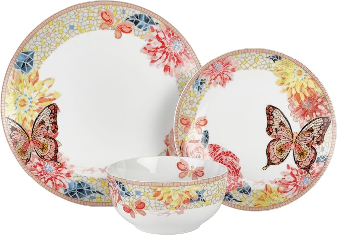Dolly Parton 12 Piece Jeweled Mosaic Butterfly Dinnerware Set Porcelain Dinner Plates, Salad Plates, Bowls, Service for 4, Microwave Dishwasher Safe