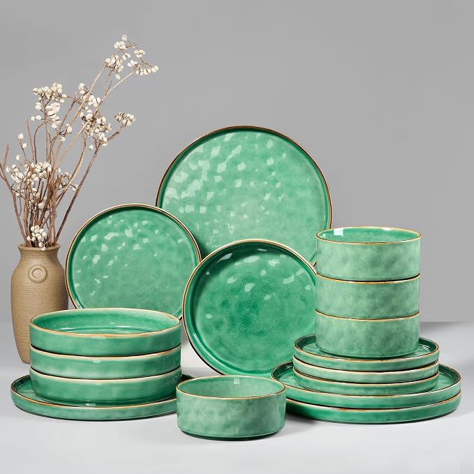 HaWare 16-Piece Dinnerware Set for 4, Reactive Green | Stoneware, Ripple Surface, Scratch Resistant, Microwave &Dishwasher Safe