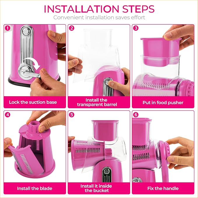SUSTEAS Rotary Cheese Grater with Handle - Vegetable Shredder with 5 Well-designed Blades & Strong Suction Base,Round Mandoline Slicer & Food Chopper for Kitchen,with Blade Storage Box(Pink)