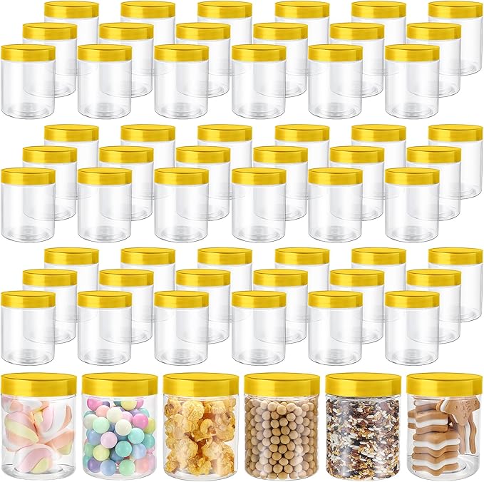 Sliner 60 Pcs 8 oz Plastic Jars with Lids Clear Round Leakproof Storage Containers Empty Refillable Plastic Mason Jars for Travel Storage Face Creams Kitchen Household Food Spice (Gold)