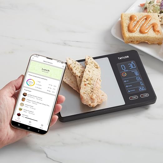 Taylor 5340117 Smart Food Scale with Precision Hub App, Digital Kitchen Scale for Macro Tracking and Calorie Logging, 11 lb Capacity, Measures Grams, Ounces & Liquids, Batteries Included