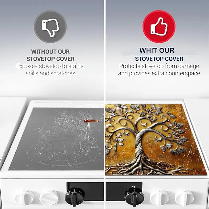 HOMETITUTE Stove Top Covers Pad Silver Tree of Life Kitchen Decorations 28 x 20 inches Stove Top Cover for Electric Coffee Bar Mats Pad Fit Coffee Maker Machine Countertops and Sinks